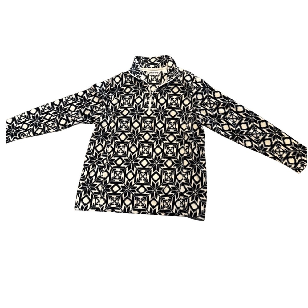Lands End Womens Fleece Pullover 1/4 Zip Black White Geometric Snowflake M 10-12